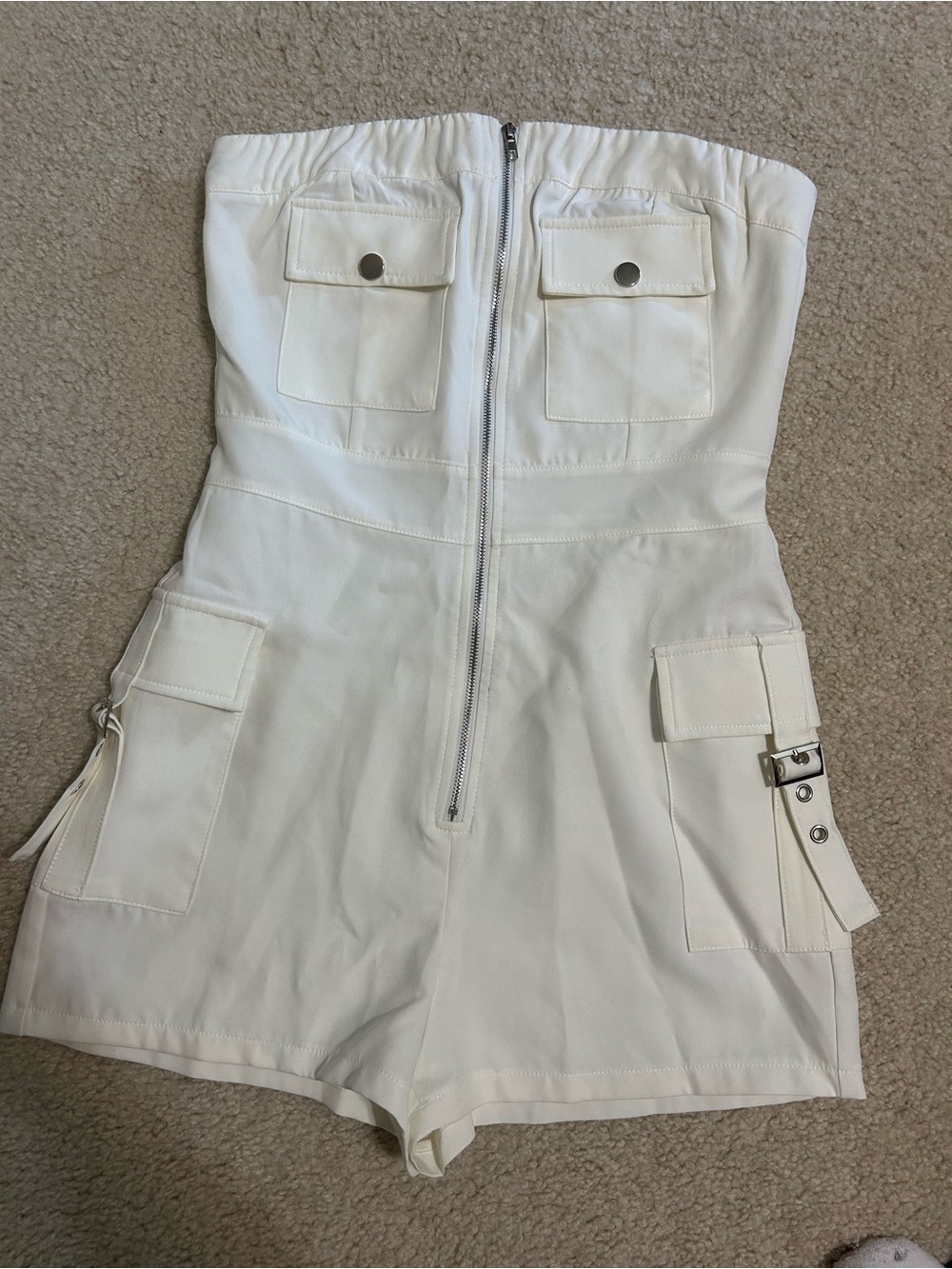 White Strapless Utility Romper with Front Zip